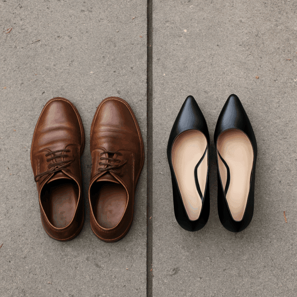 Brown leather dress shoes and black heels on concrete. Gender roles in the workplace.
