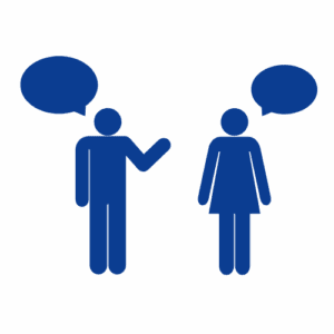 Stick figures of a man and woman talking, representing gender dynamics.