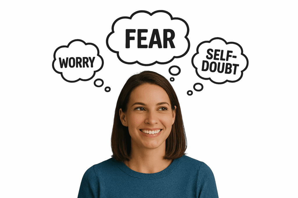 Smiling woman with thought bubbles showing fear, worry, and self-doubt.
