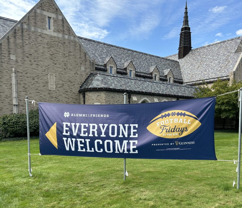 Notre Dame Alumni event banner: "Everyone Welcome, Football Fridays at the Eck.