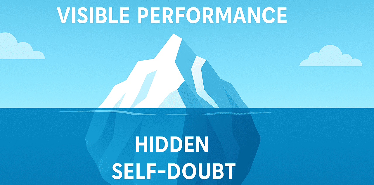 Iceberg illustration showing 'Visible Performance' above water, 'Hidden Self-Doubt' below, illustrating Impostor Syndrome.