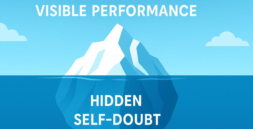 Iceberg illustration showing 'Visible Performance' above water, 'Hidden Self-Doubt' below, illustrating Impostor Syndrome.